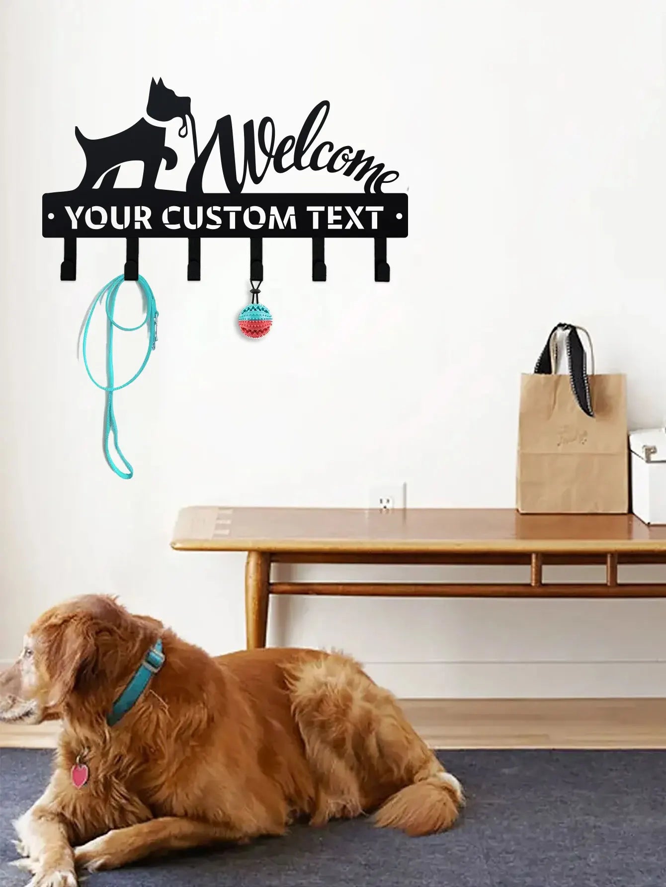 Custom metal dog leash and key holder with personalized text, mounted on wall in an entryway with a dog lying on a rug