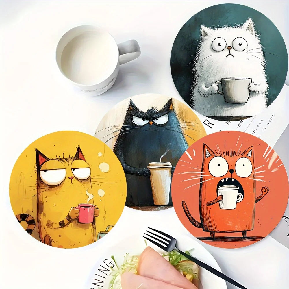 Set of four round wooden cat print coasters in colorful designs arranged with coffee and breakfast