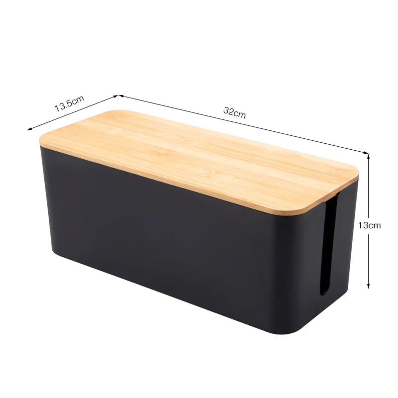 Bamboo Lid Cable Management Box for Desk & Nightstand Organization