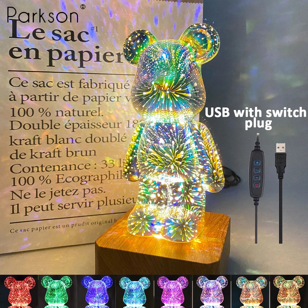 3D glass bear night light with colorful LED lights, USB switch plug, and multiple color glow options displayed
