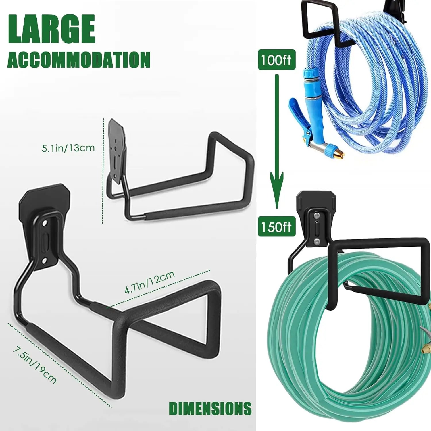 Wall-mounted hose holder size details and capacity for holding coiled garden hoses up to 150 feet