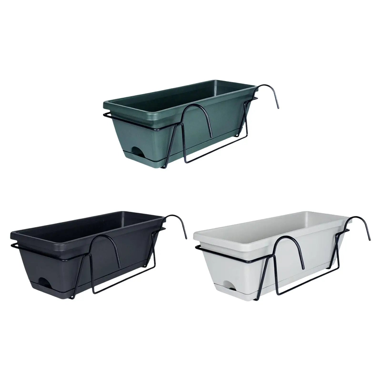 Three rectangular railing planter boxes in green, black, and white with metal racks shown on a white background