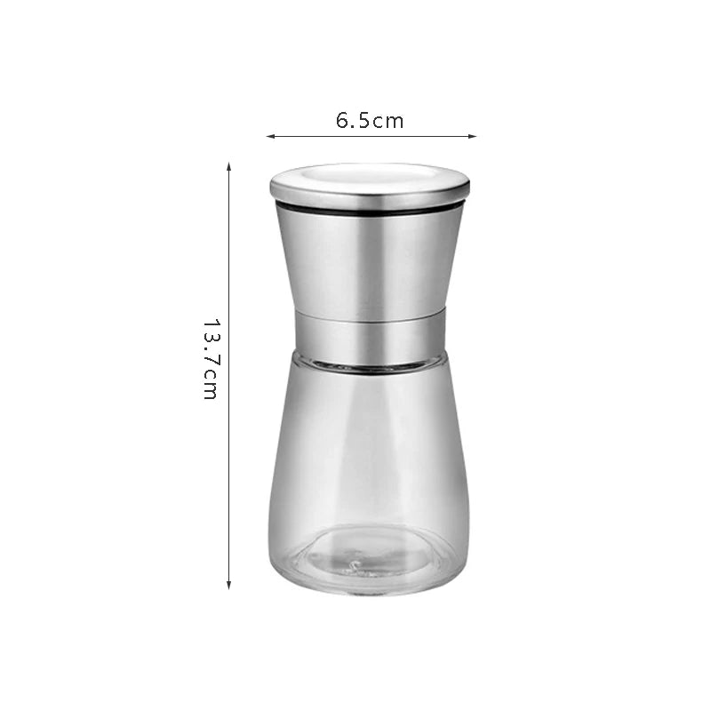 single glass and stainless steel grinder with measurements shown