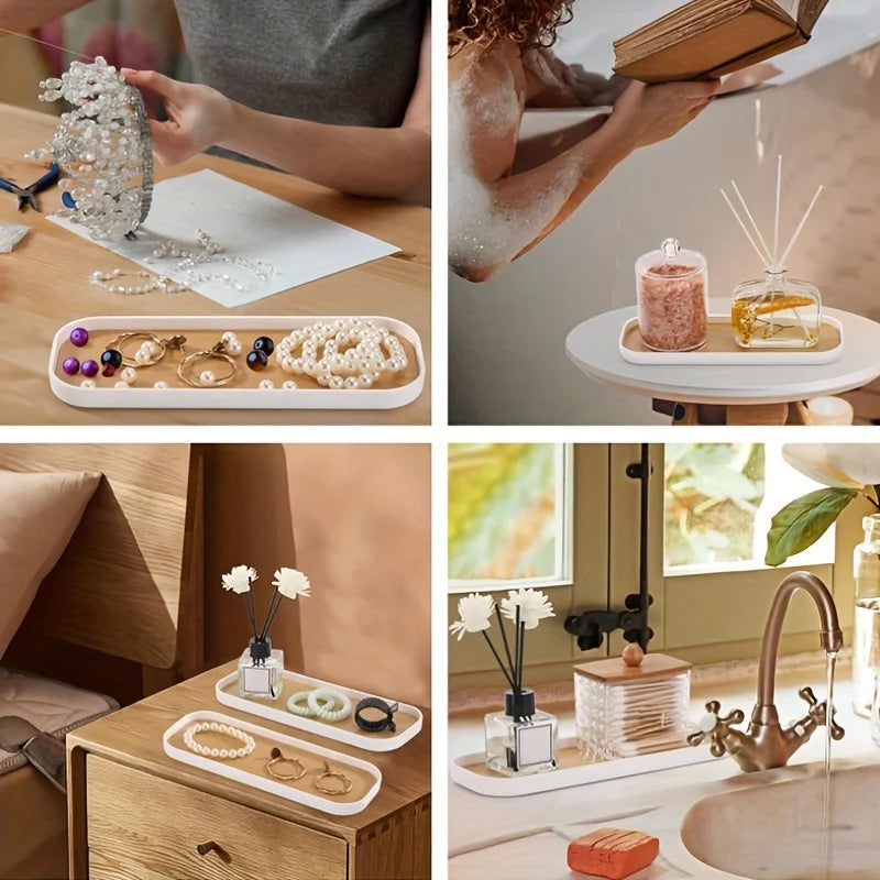 Four lifestyle scenarios showing the slim tray used for jewelry, bath salts, diffusers, and hand soap