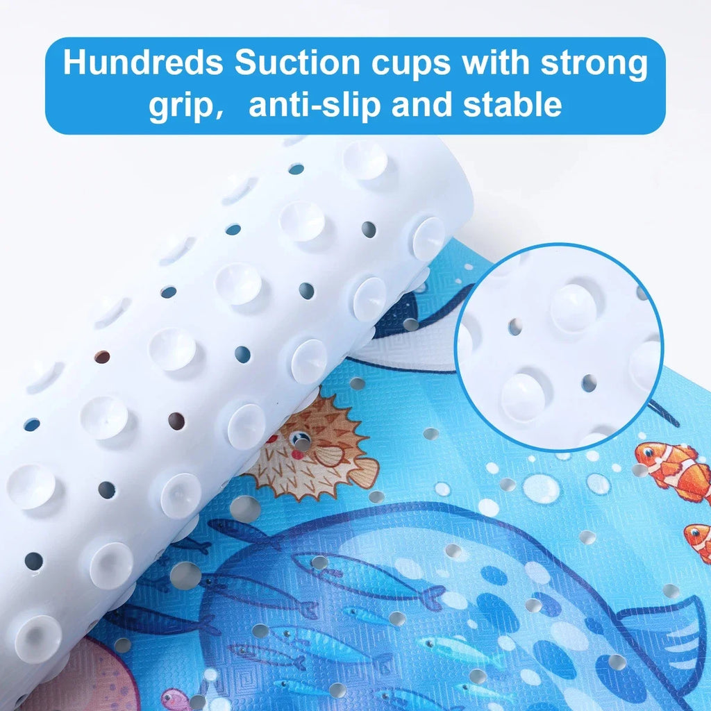 Roll of the bath mat with close-up of the underside suction cups and drainage holes