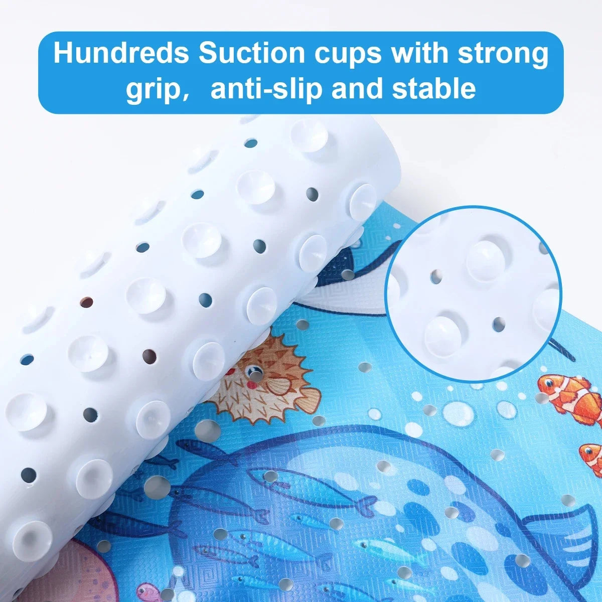 Roll of the bath mat with close-up of the underside suction cups and drainage holes