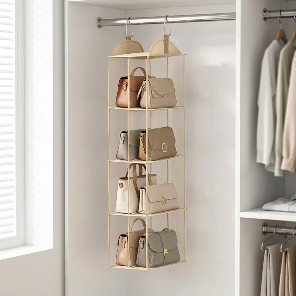 Four-layer beige hanging purse and handbag organizer holding various bags in a bright white closet