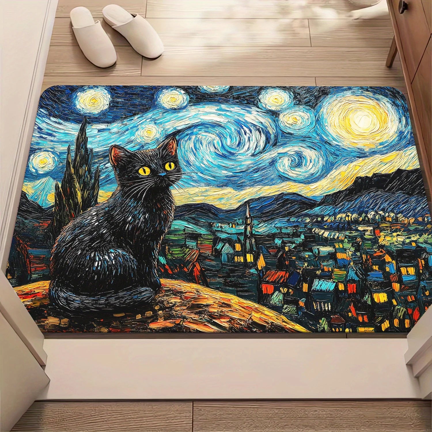 Art-inspired black cat doormat shown in a bathroom setting