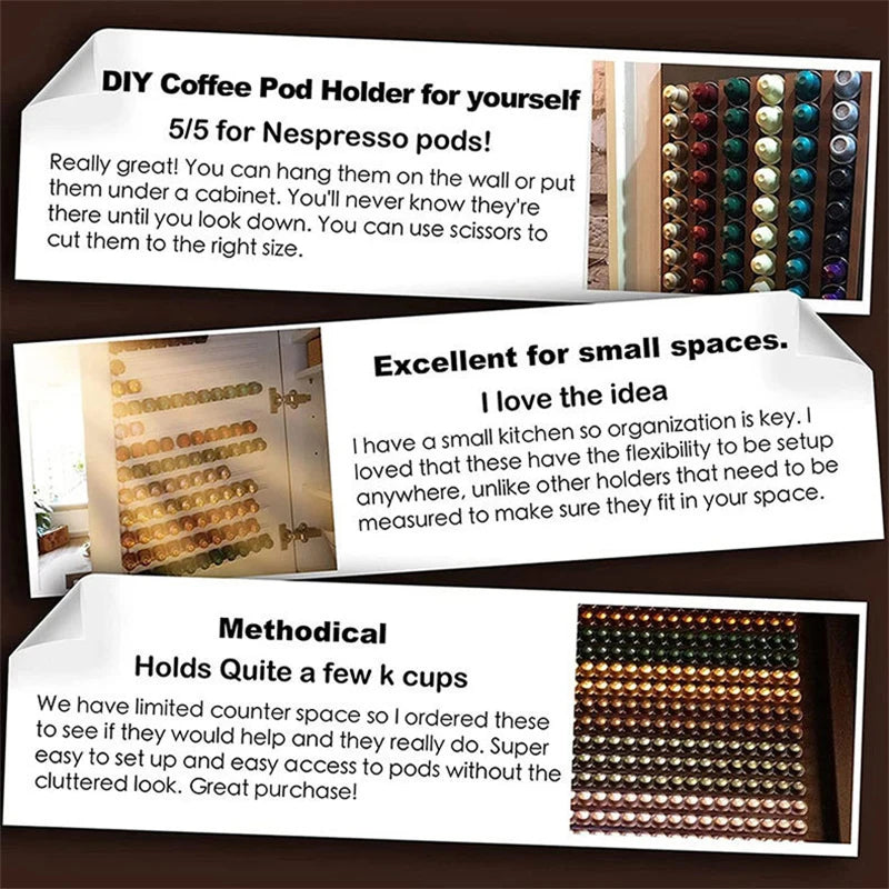 review highlights showing various coffee pod holder strip installations in small kitchen spaces