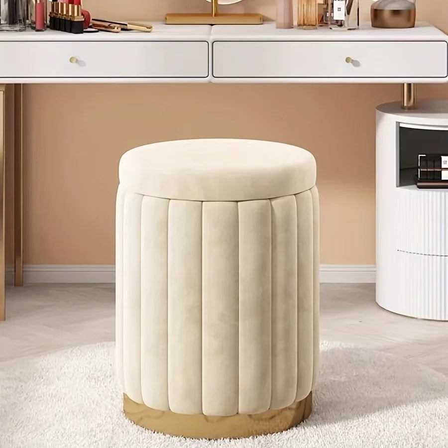 cream round ottoman stool under a vanity table with storage drawers