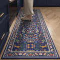 Blue Wilton floral non-slip kitchen runner rug placed in a modern kitchen with navy cabinetry