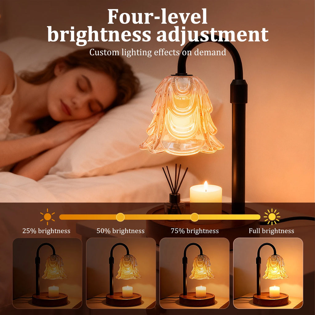 four brightness settings for flower candle warmer lamp in a cozy bedroom