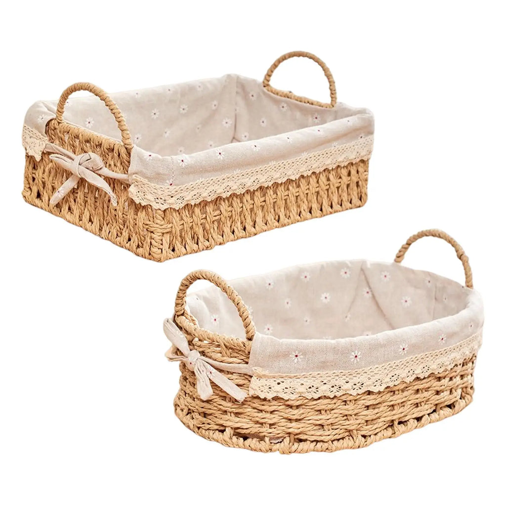 Handwoven oval and rectangle storage baskets with removable cotton liners and handles