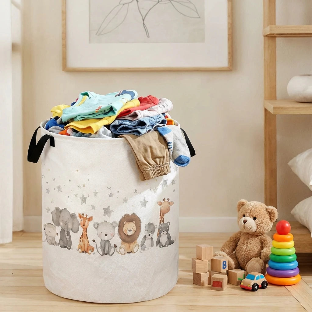 Beige canvas animal laundry bin with handles filled with kids' clothes and toys in a playroom setting