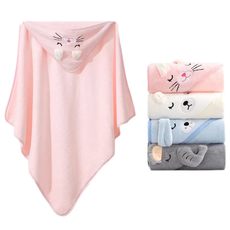Pink cat hooded baby bath towel displayed open with stacked towel options