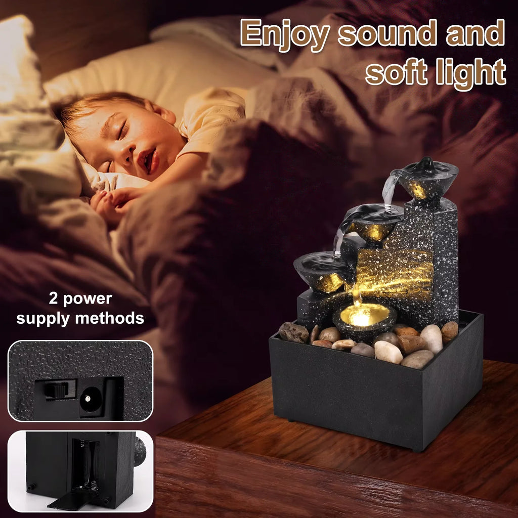 Tabletop LED water fountain on nightstand emitting soft light, shown beside sleeping child, USB and battery power options highlighted