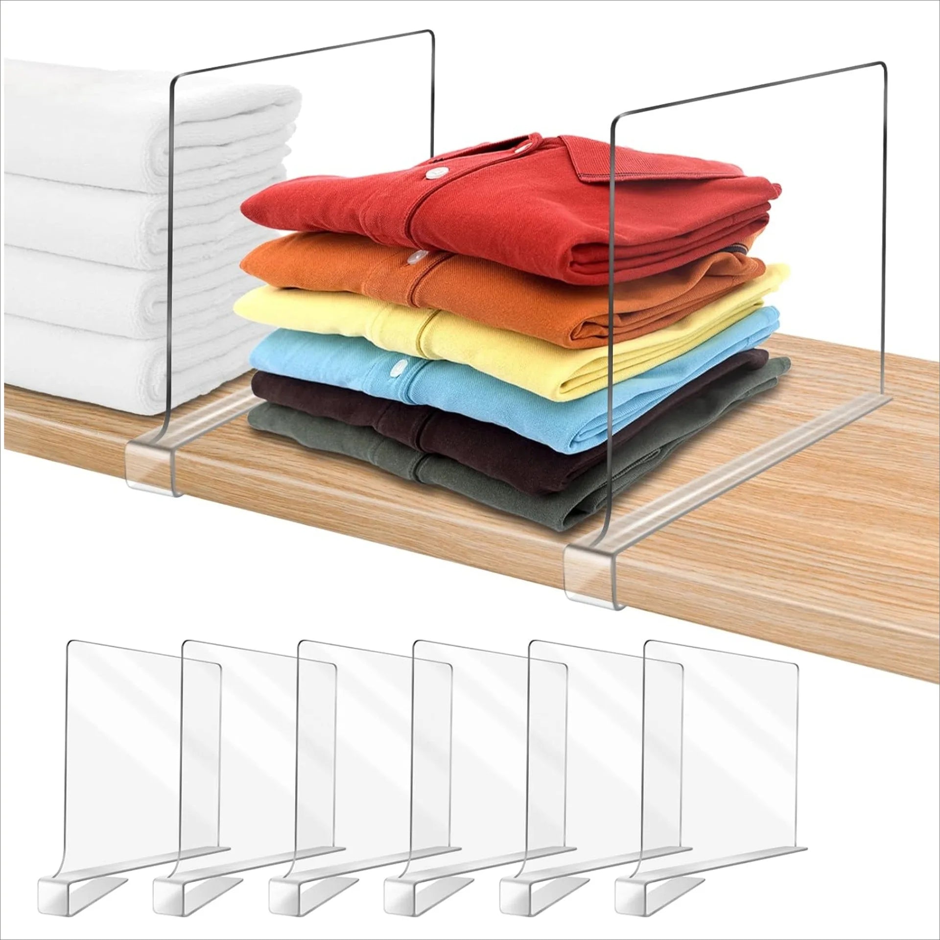 Transparent closet shelf dividers keeping folded clothes and towels organized on a wooden shelf