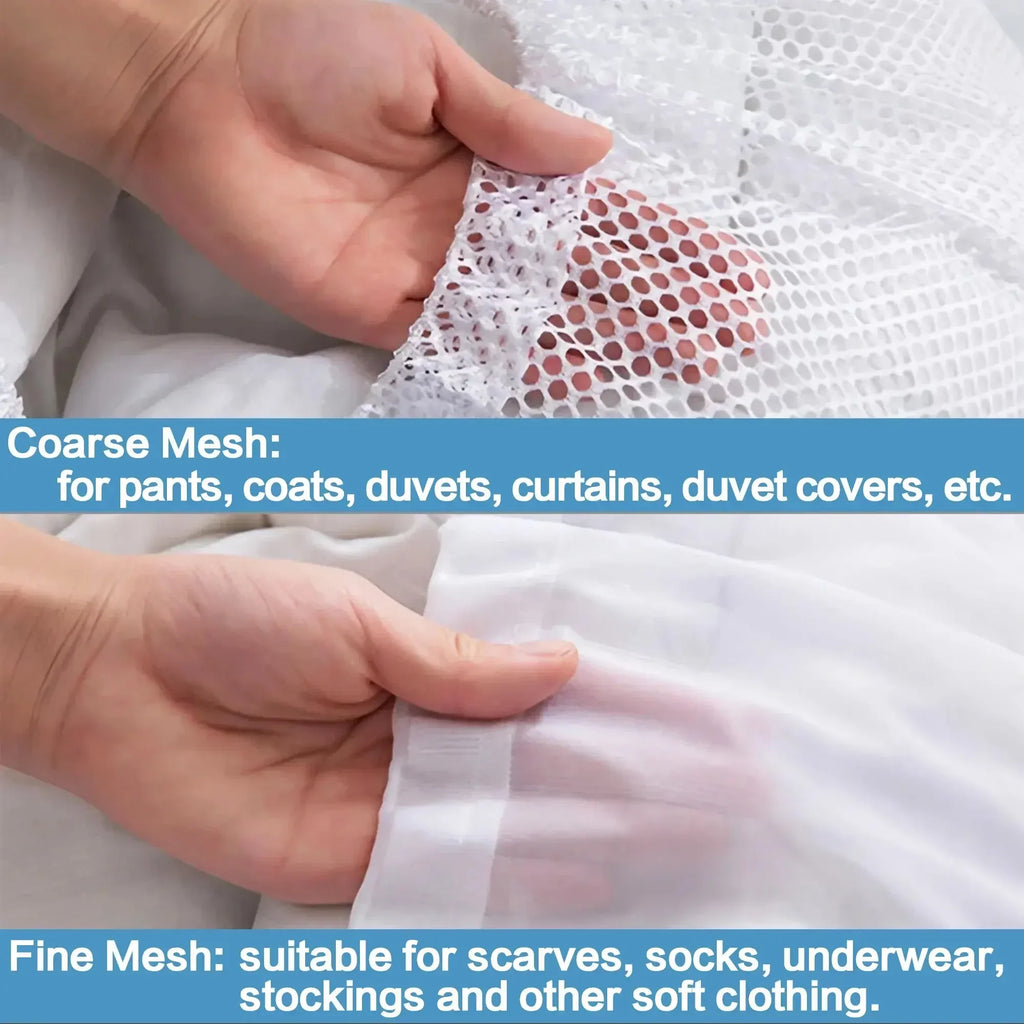 Hands displaying the difference between fine mesh and coarse mesh laundry bag materials