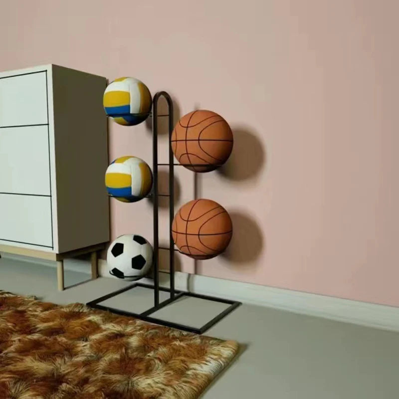 Freestanding Multi-Layer Ball Storage Rack for Basketball, Soccer & Volleyball – Black or White Carbon Steel Organizer for Bedroom