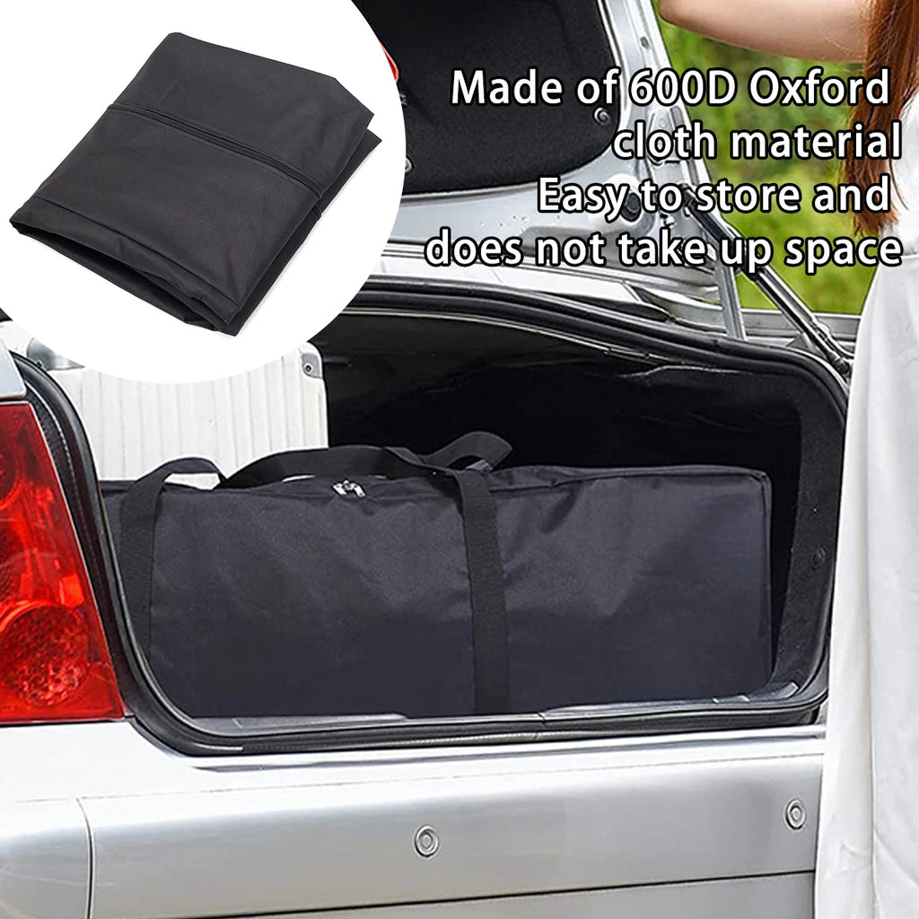 Folded black storage bag fits in car trunk, made of 600D Oxford fabric