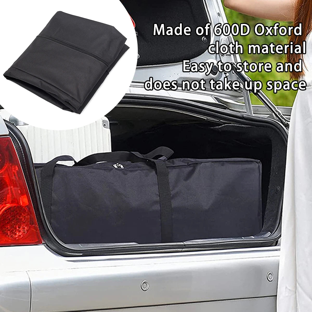 Folded black storage bag fits in car trunk, made of 600D Oxford fabric