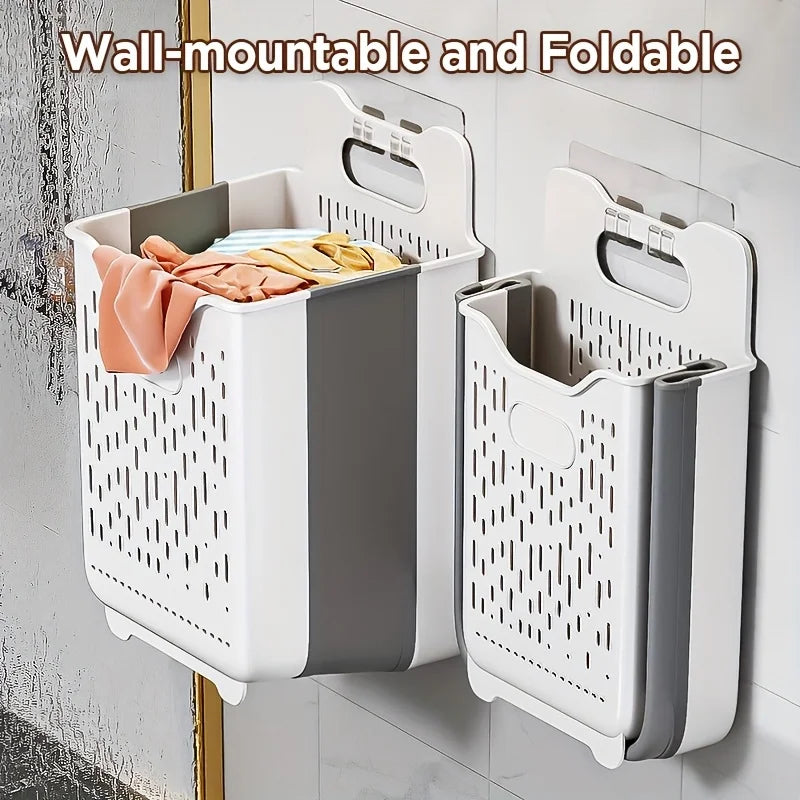 Wall-mounted and foldable laundry hamper installed on tiled wall with laundry inside