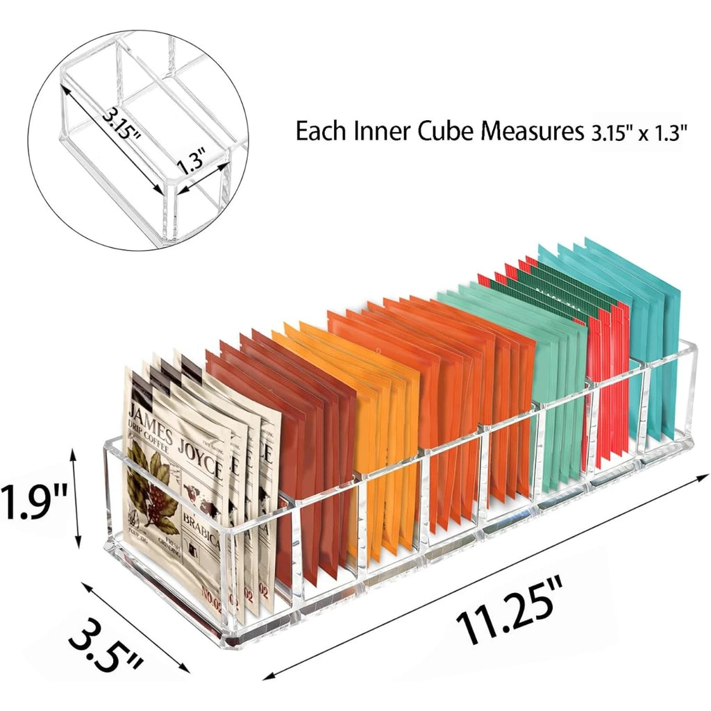 Diagram with measurements of the 8-compartment acrylic tea bag holder.