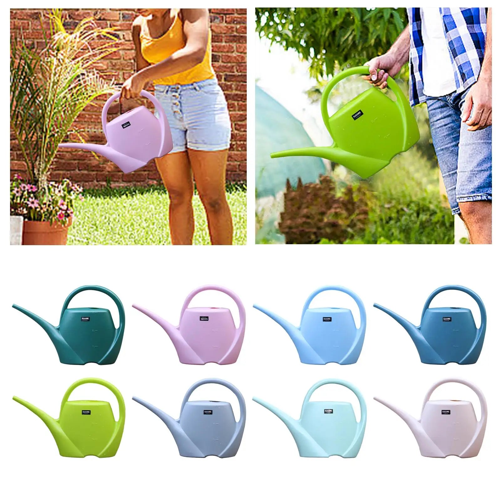 People watering plants outdoors using assorted watering cans