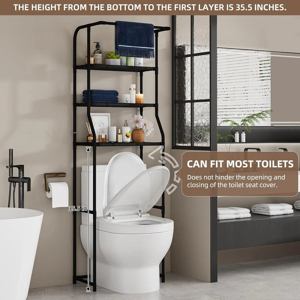 Black 3-tier over-toilet shelf demonstrated to fit most toilets with seat cover in open position