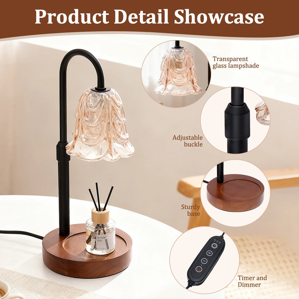 flower candle warmer lamp detail with glass lampshade, wood base, adjustable features