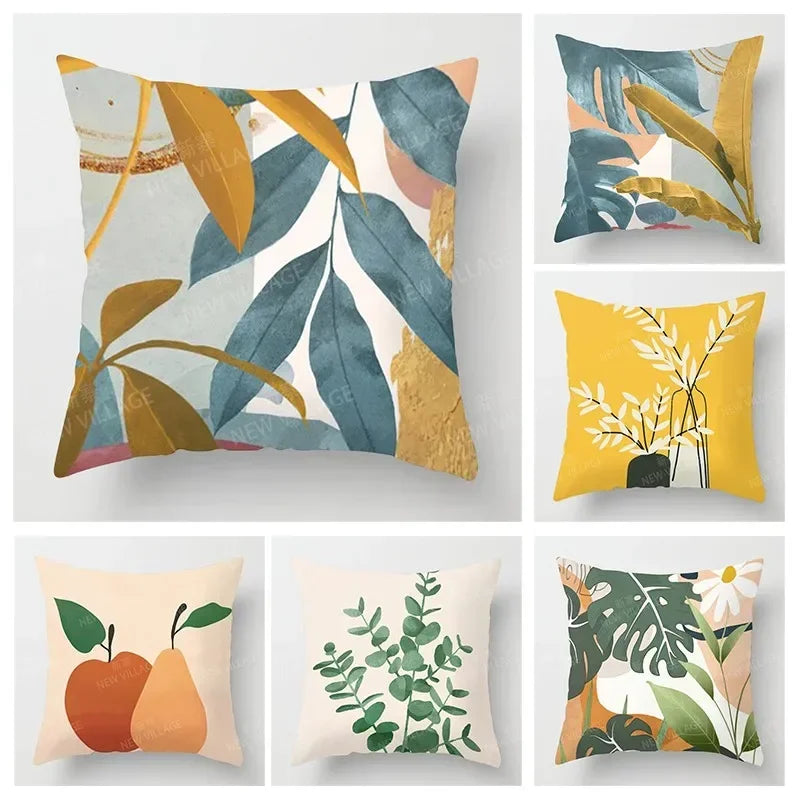 Six square autumn botanical throw pillow covers with Morandi-inspired leaf and plant prints in fall colors, displayed against a white background.