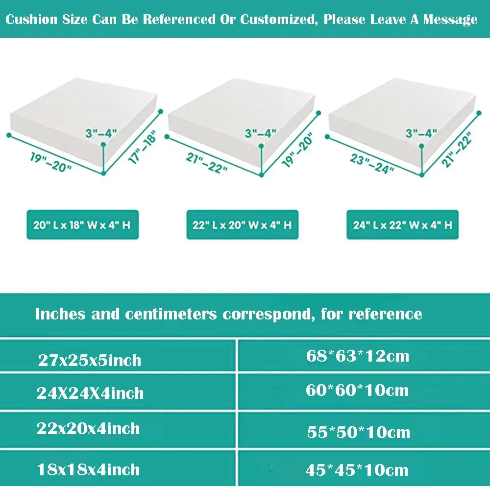 Patio cushion cover size reference chart with measured cushion illustrations and conversion table for inches and centimeters