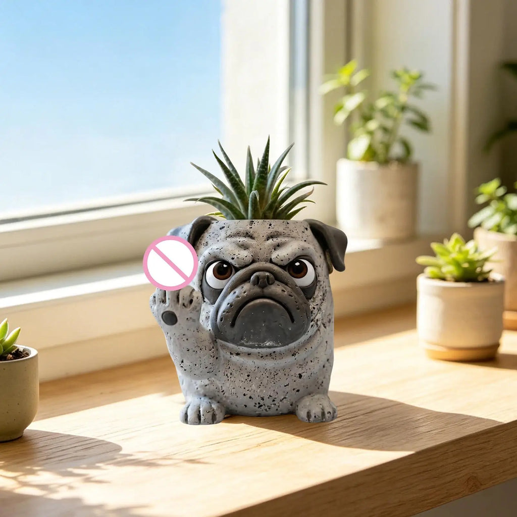 dog shaped planter in resin look holding a succulent among other planters by a window