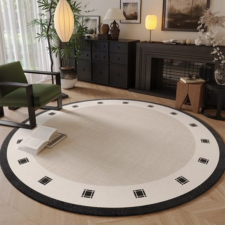 Harlow Minimalist Round Cream Rug with Black Line Pattern