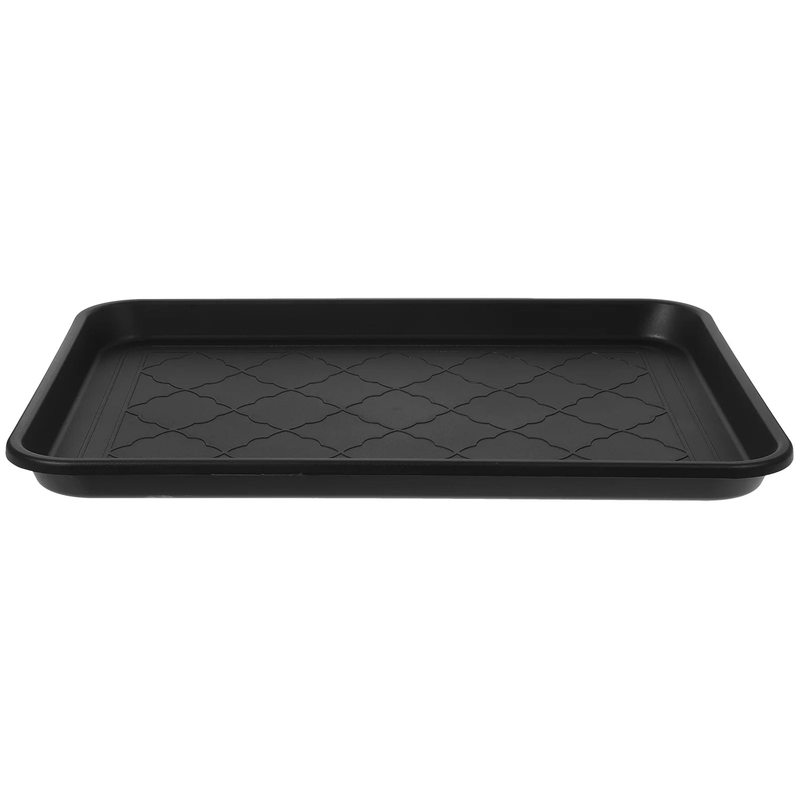 Overhead view of large black plastic boot tray with subtle patterned surface
