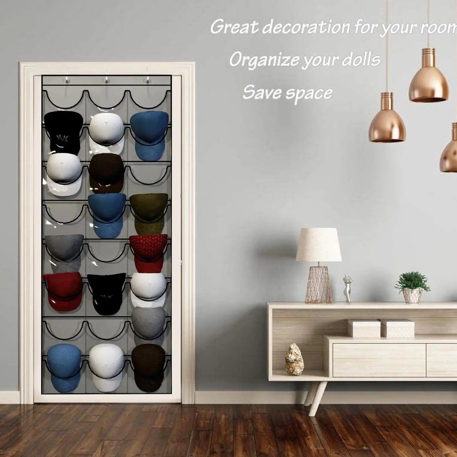 Baseball cap organizer hanging on a door in a modern bedroom