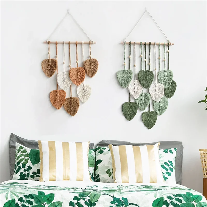 Willow Leaf Macrame Wall Hanging in Green or Brown – Woven Cotton Tapestry for Bedroom, Living Room, or Nursery