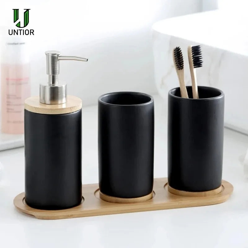 Arden Ceramic Bathroom Accessories Set with Wooden Tray
