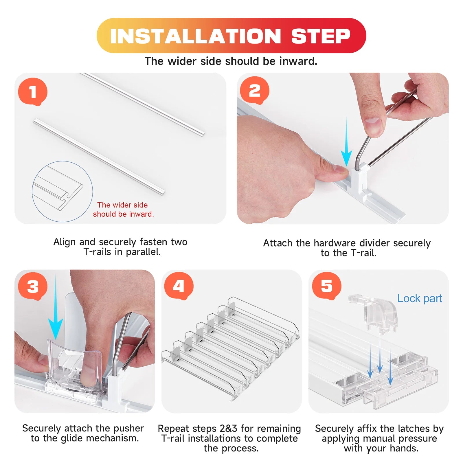 step-by-step visual assembly instructions for sliding can organizer