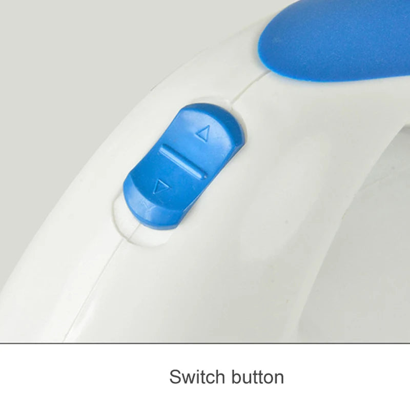 Closeup of blue on/off switch button on electric lint remover