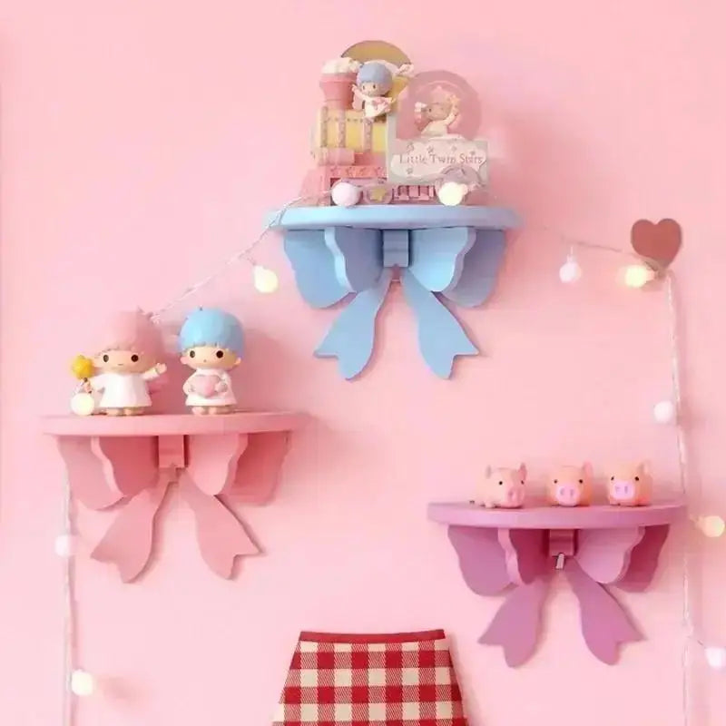 Ribbon Bow Wooden Wall Shelf for Kids’ Room – Pastel Decorative Display & Storage