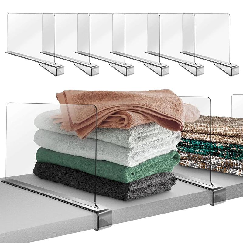 Six clear shelf dividers separating piles of towels and folded items on a grey shelf