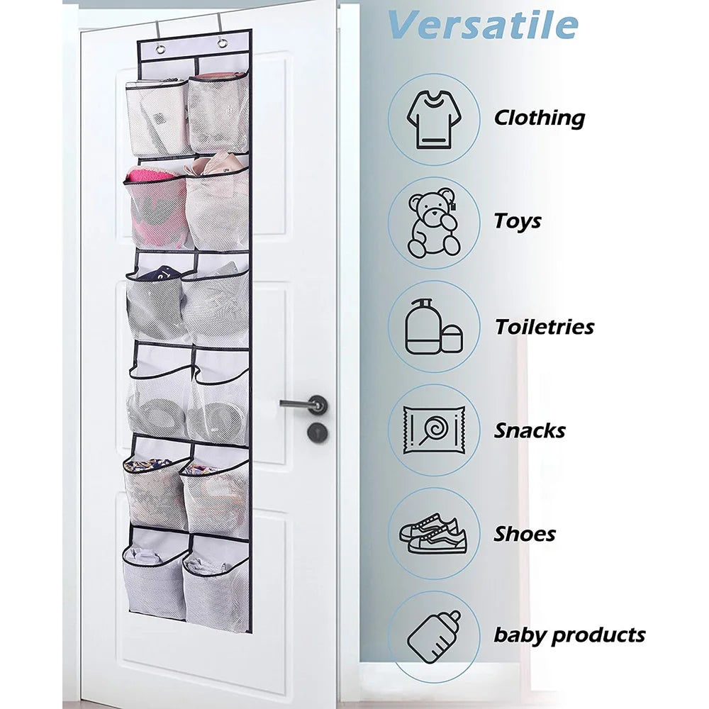 White mesh over-the-door organizer filled with clothing, toys, toiletries, snacks, and shoes with illustrated callouts