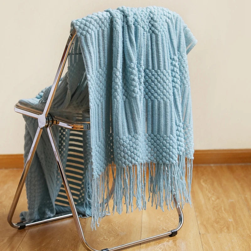 Nordic Knit Acrylic Throw Blanket with Tassels for Bed, Sofa, and Cozy Winter Decor