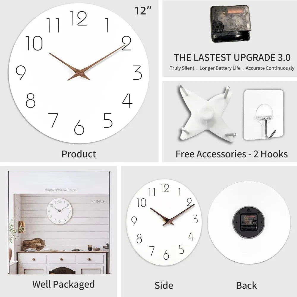 Modern white wall clock product overview, hooks, and packaging shown