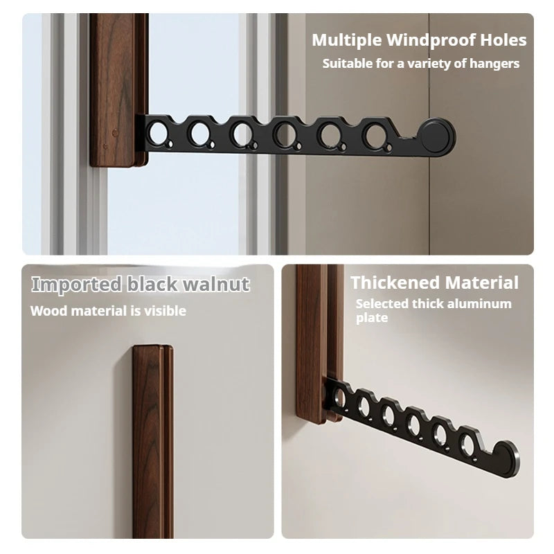 Walnut Wood Wall-Mounted Foldable Clothes Drying Rack with Windproof Hanger Slots for Bedroom, Laundry, or Balcony
