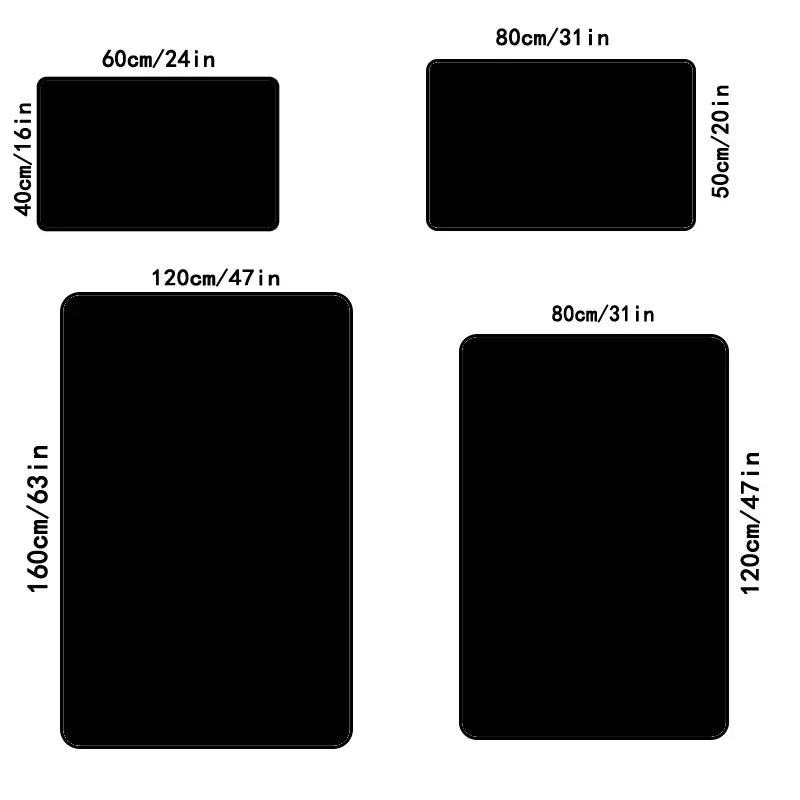 Size chart for vintage floral area rug, showing four rectangular sizes in centimeters and inches