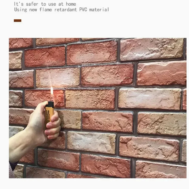 Flame being held near a 3D brick wall panel to illustrate PVC material