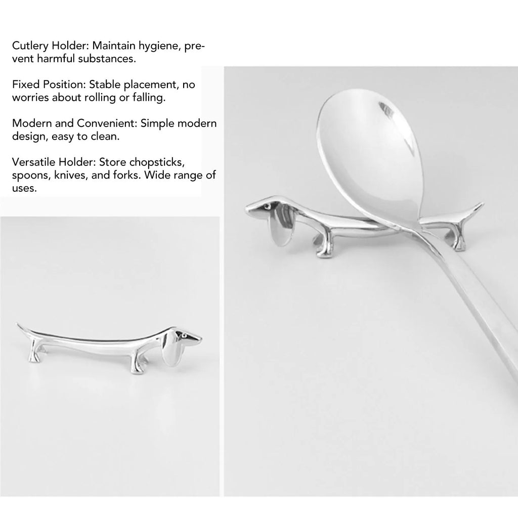 Dog-shaped silver cutlery rest holding a spoon, shown on a dining table