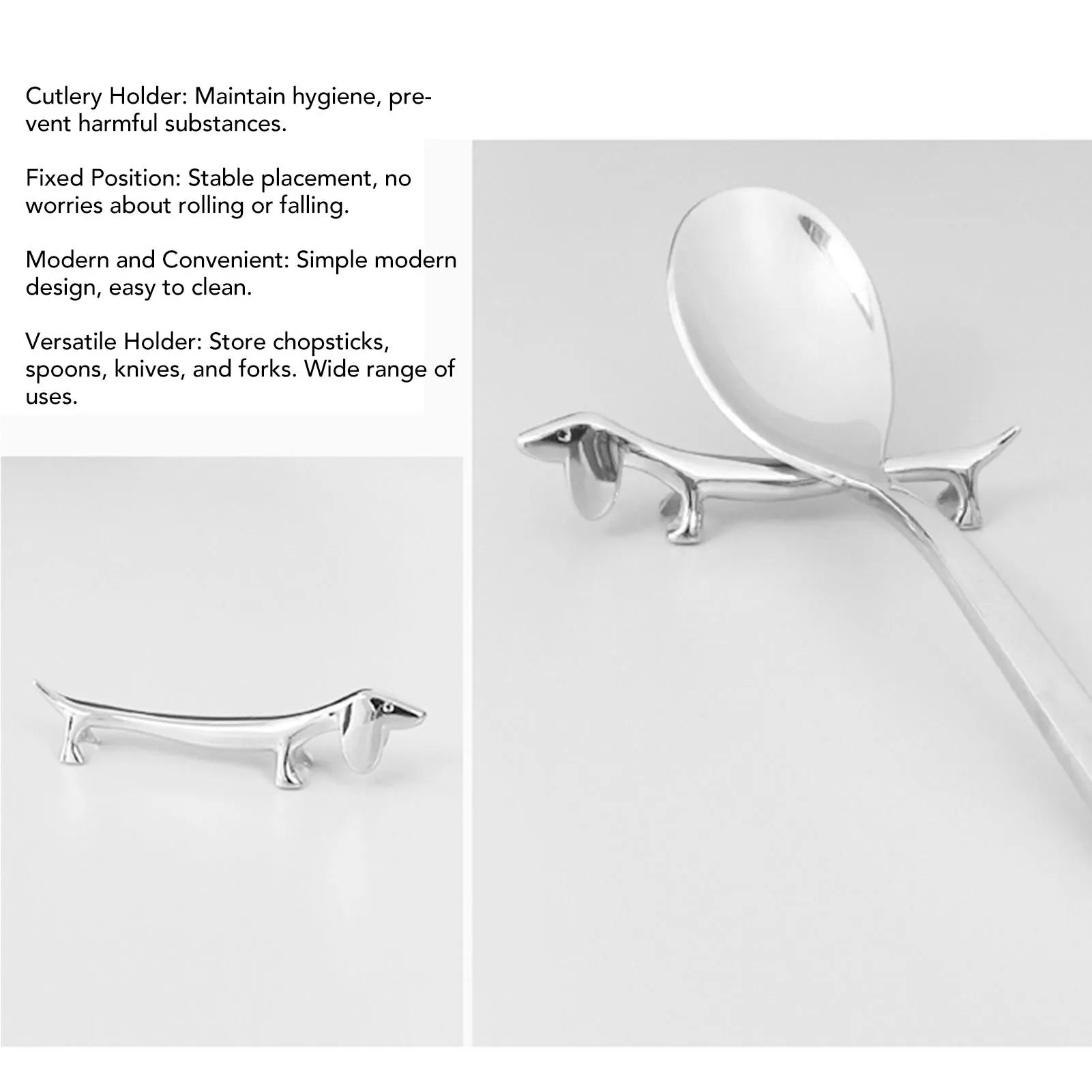Dog-shaped silver cutlery rest holding a spoon, shown on a dining table